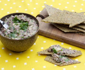 White Bean Artichoke Dip with Rosemary Seed Crackers